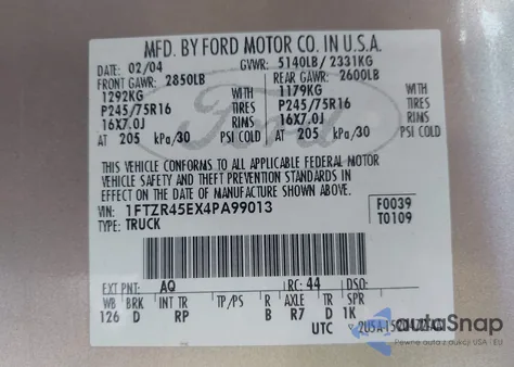 2004 Ford Ranger Edge/Tremor/Xlt z USA, uszkodzony, nr VIN 1FTZR45EX4PA99013